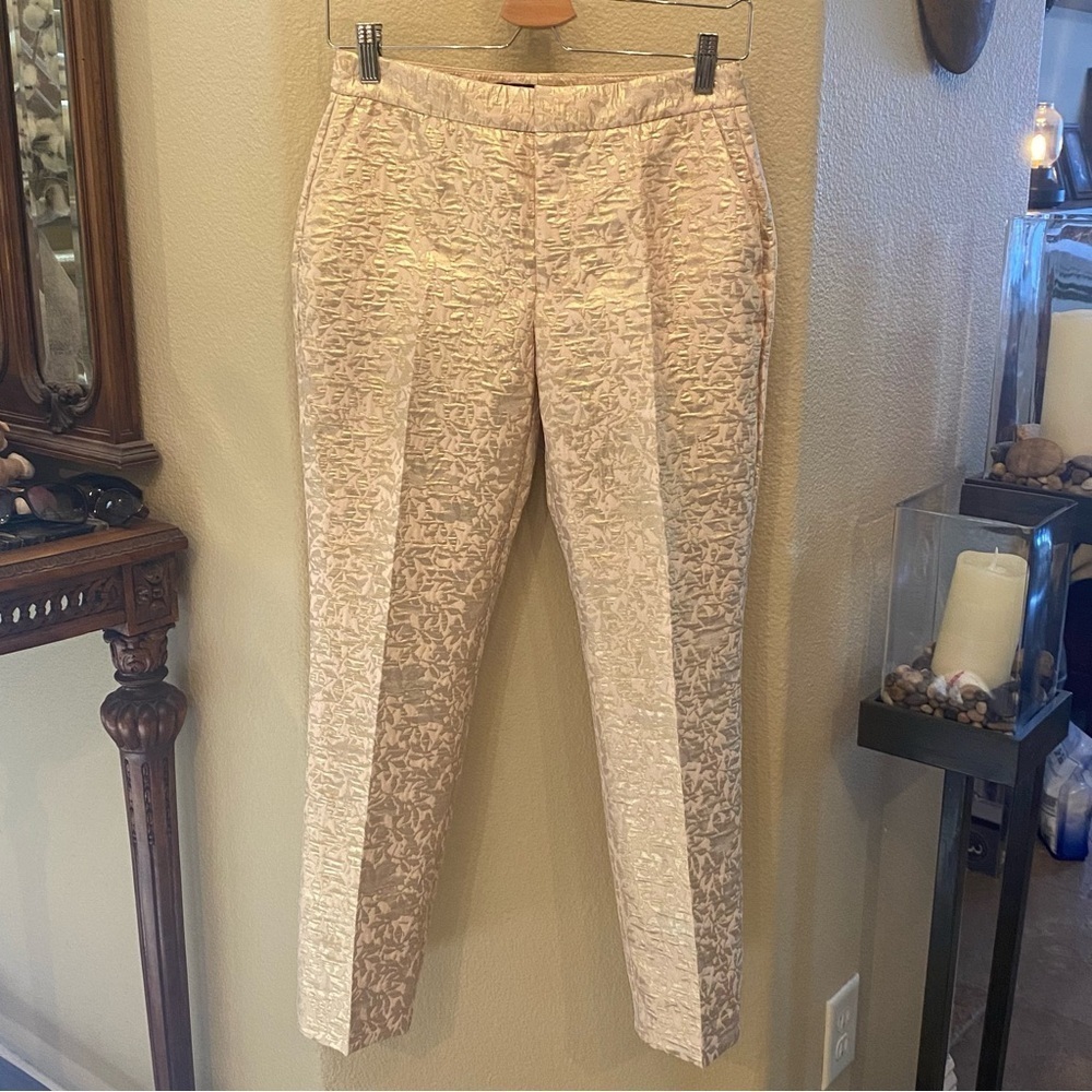 ZARA Women Gold Metallic Jacquard Patterned Dressy Trousers Pants Size XS